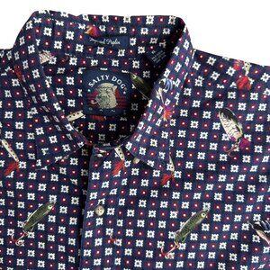 Salty Dog Mens Camp Shirt‎ Fishing Lure L Short Sleeve Button Novelty Vintage